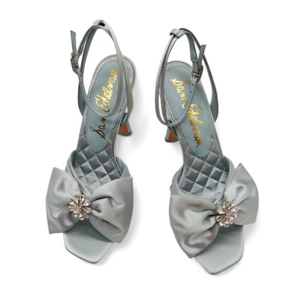 Sam Edelman Lexi Size 9 Cape Blue Satin Embellished Bow Ankle Strap Dress Sandal - Picture 8 of 16